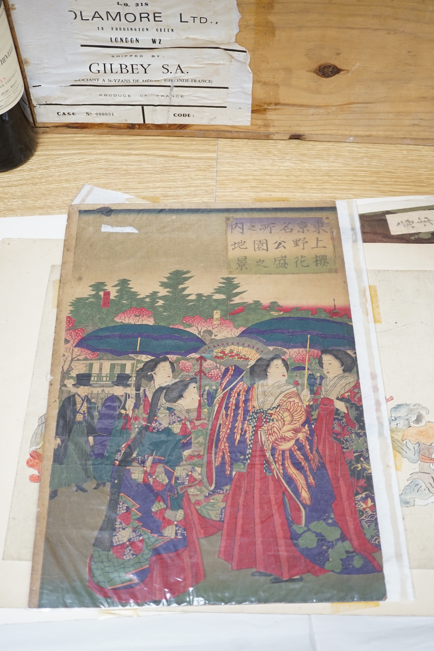 Eight Japanese woodblock prints, Kabuki actors, bijin etc., unframed